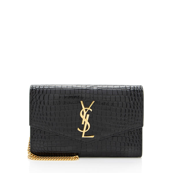 Saint Laurent Croc Embossed Leather Monogram Uptown Chain Wallet (SHF-nn92UW)