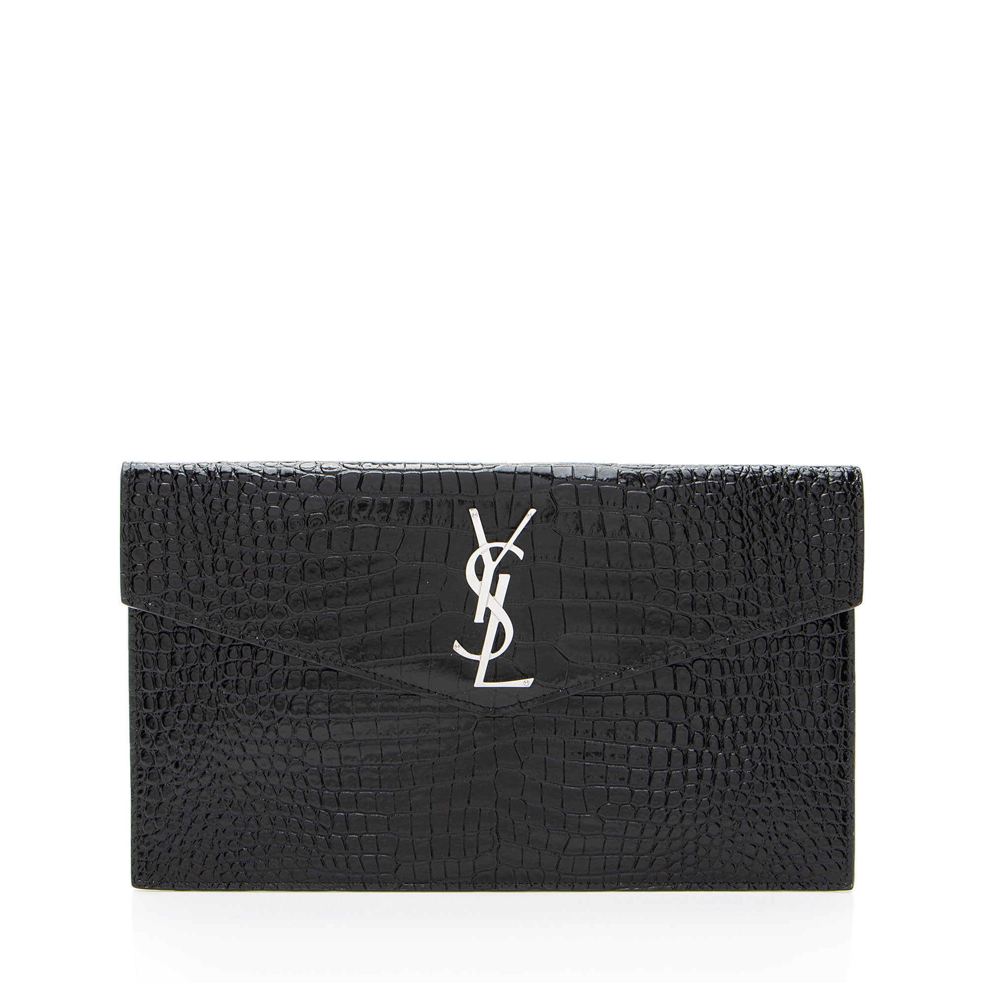 Saint Laurent Croc Embossed Leather Monogram Uptown Clutch (SHF-WiMoG6)