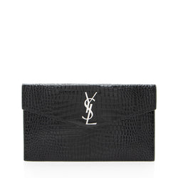 Saint Laurent Croc Embossed Leather Monogram Uptown Clutch (SHF-WiMoG6)