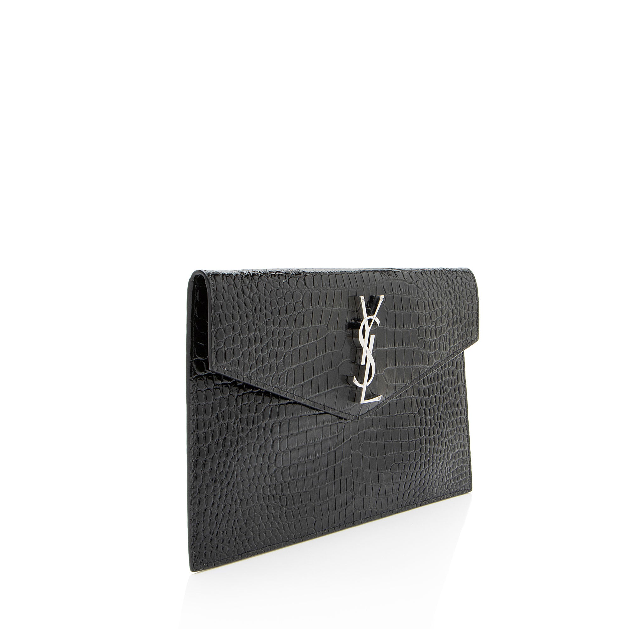 Saint Laurent Croc Embossed Leather Monogram Uptown Clutch (SHF-WiMoG6)