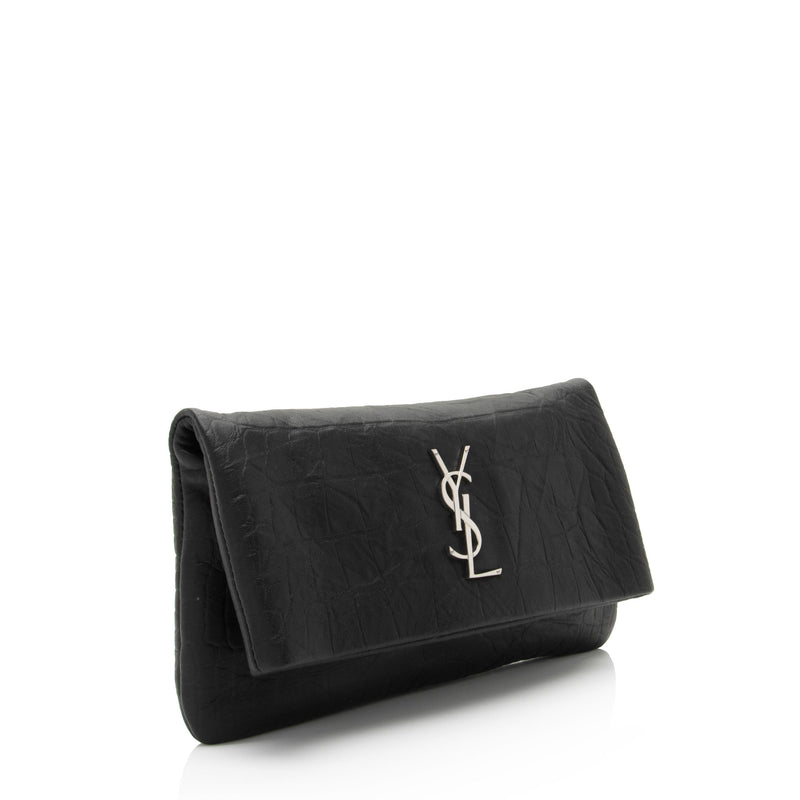 Saint Laurent Croc Embossed Leather West Hollywood Fold Over Clutch (SHF-Q0UWUS)