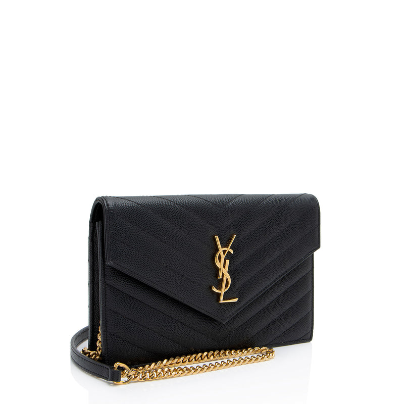 Saint Laurent Matelasse Grain de Poudre Monogram Envelope Chain Wallet (SHF-TV61tz)