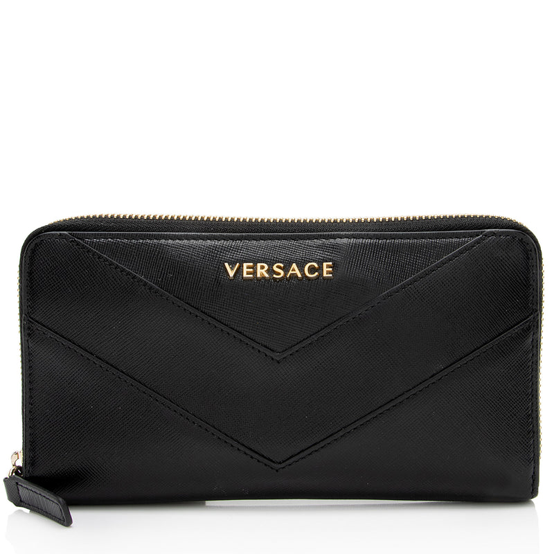 Versace Calfskin V Stitch Zip Around Continental Wallet (SHF-5uxipD)