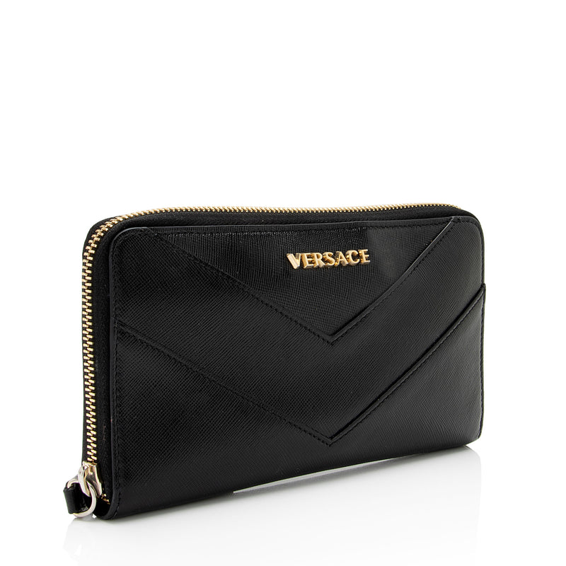 Versace Calfskin V Stitch Zip Around Continental Wallet (SHF-5uxipD)