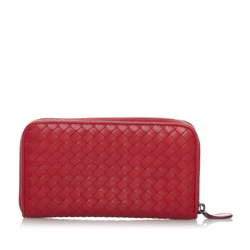Bottega Veneta Red Intrecciato Leather Half Zip Wallet Bottega
