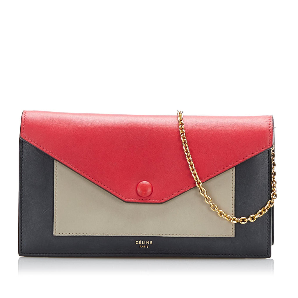 Celine Red Tri-Color Calfskin Leather Large Pocket Flap on Chain Bag