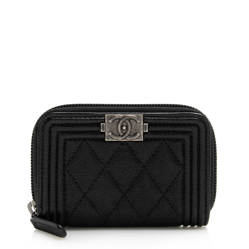 Chanel Black Quilted Caviar Leather Boy Zip Around Coin Purse Chanel