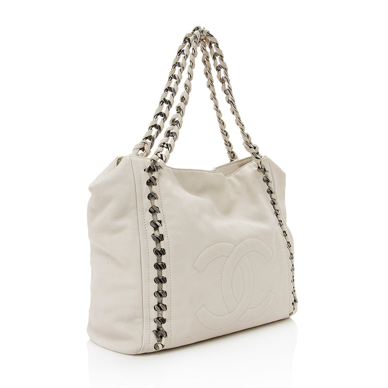 Chanel Metallic Grey Leather Modern Chain East/West Tote Bag at