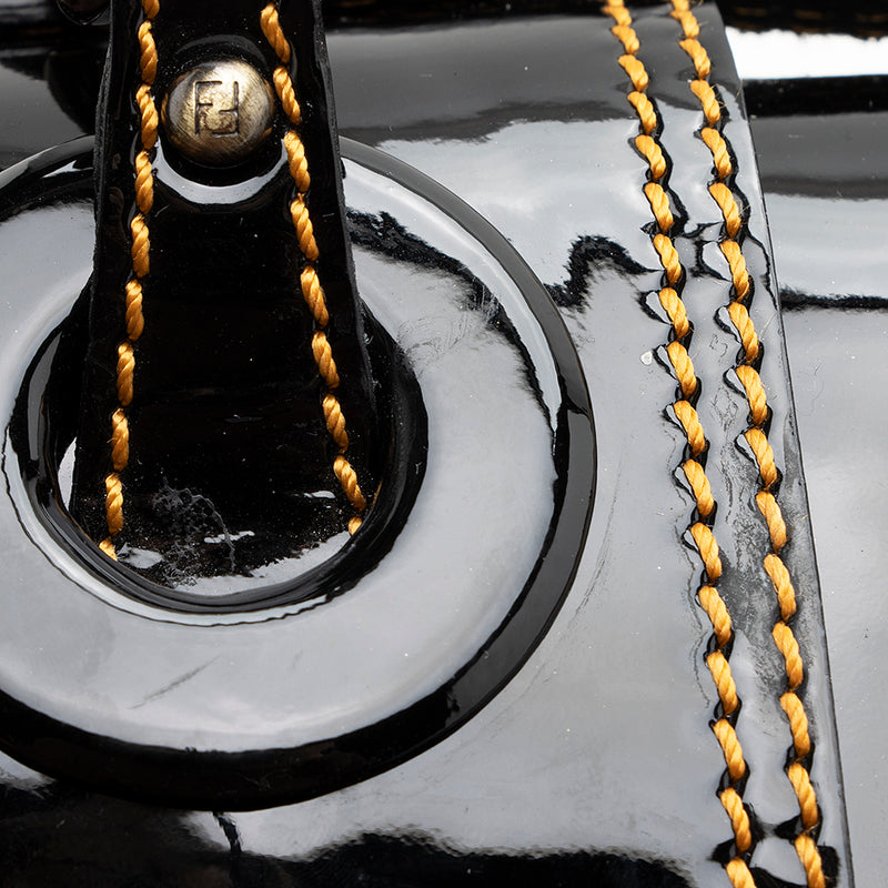 Authentic FENDI B Buckle Black Nappa & Patent Leather Satchel Shoulder  Handbag