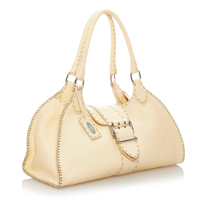 Vintage Fendi White Leather Selleria Bag With Horse Logo Tote Handbag