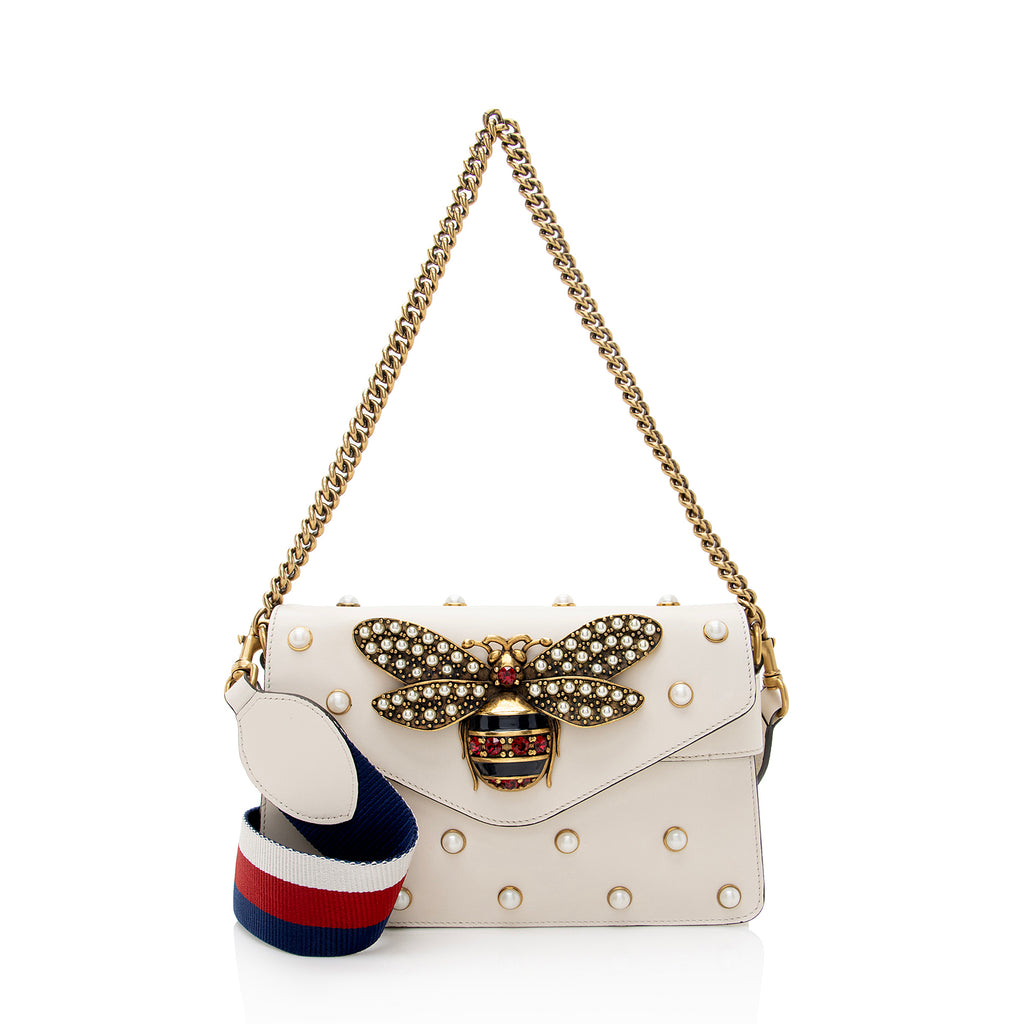 Gucci Calfskin Pearl Bee Broadway Mini Shoulder Bag (SHF-22405)