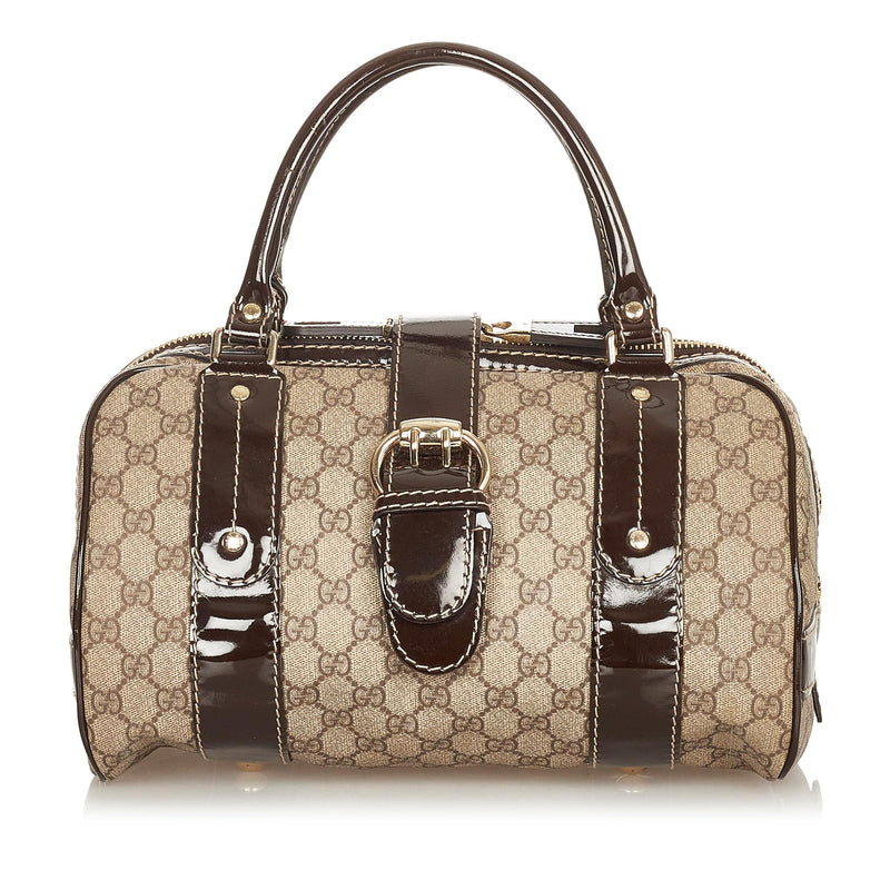 Gucci Brown Pebbled Calfskin Web Boston Bag - Preloved Gucci Handbags