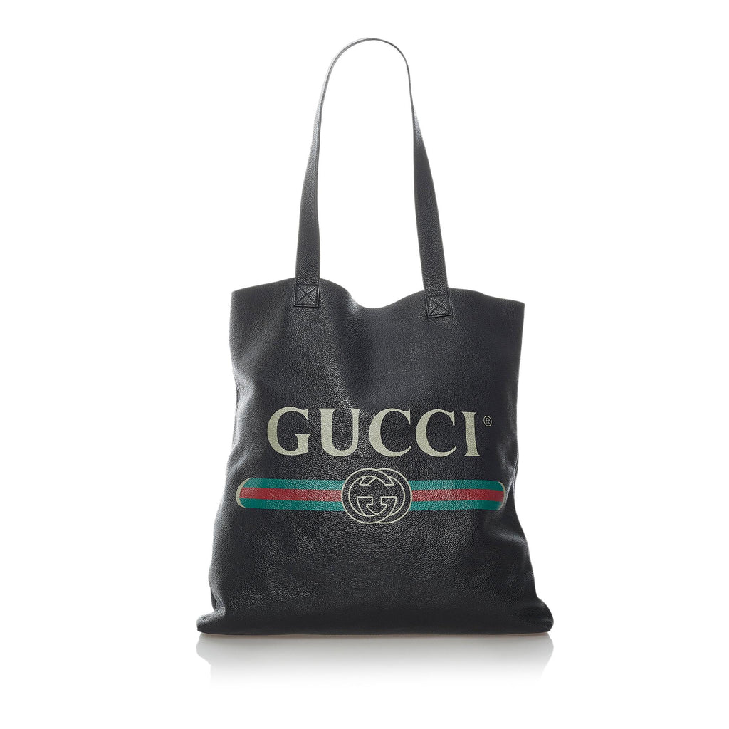 Gucci Logo Print Leather Tote Bag in Black