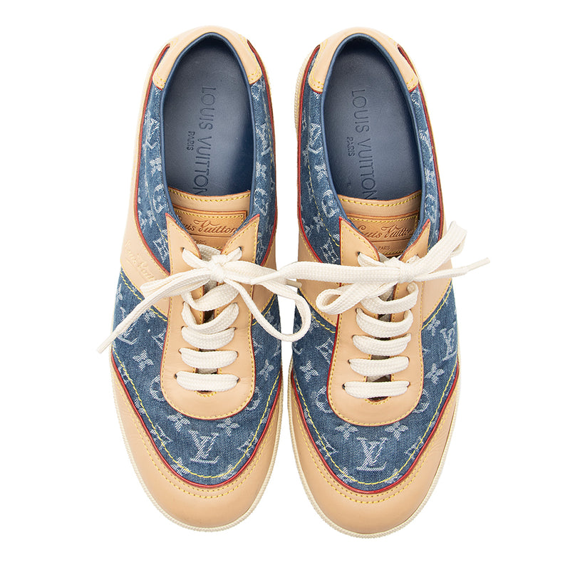 Louis Vuitton Woman Size US 9 IT 39 Blue Denim Leather Lace Up Sneaker Shoes