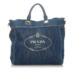 Pre-owned Prada Logo-jacquard Denim Tote Bag In Blue