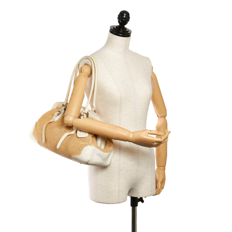 Prada Python-Trimmed Raffia Shoulder Bag