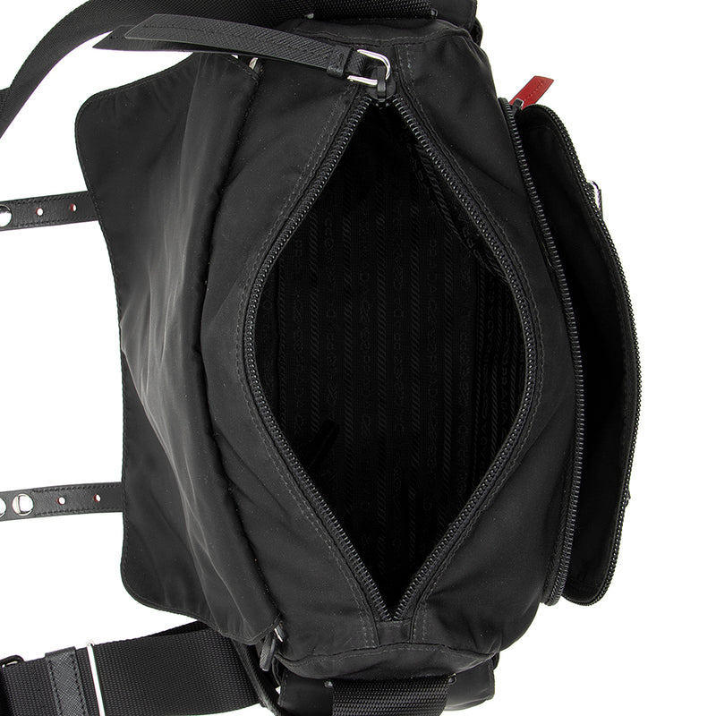 Prada New Vela Flap Messenger Bag Tessuto with Studded Leather Medium Black  2231204